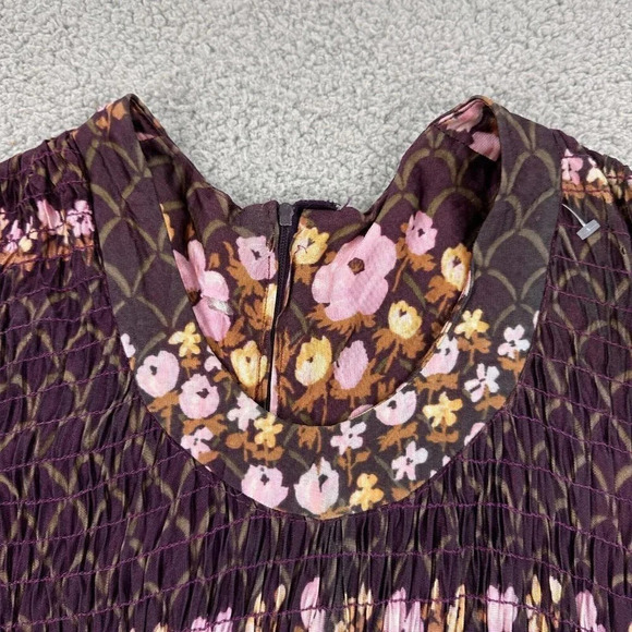 Vintage 70s Dress Size Small Floral Smocked Maxi Burgundy Boho Hippie - Picture 16 of 16